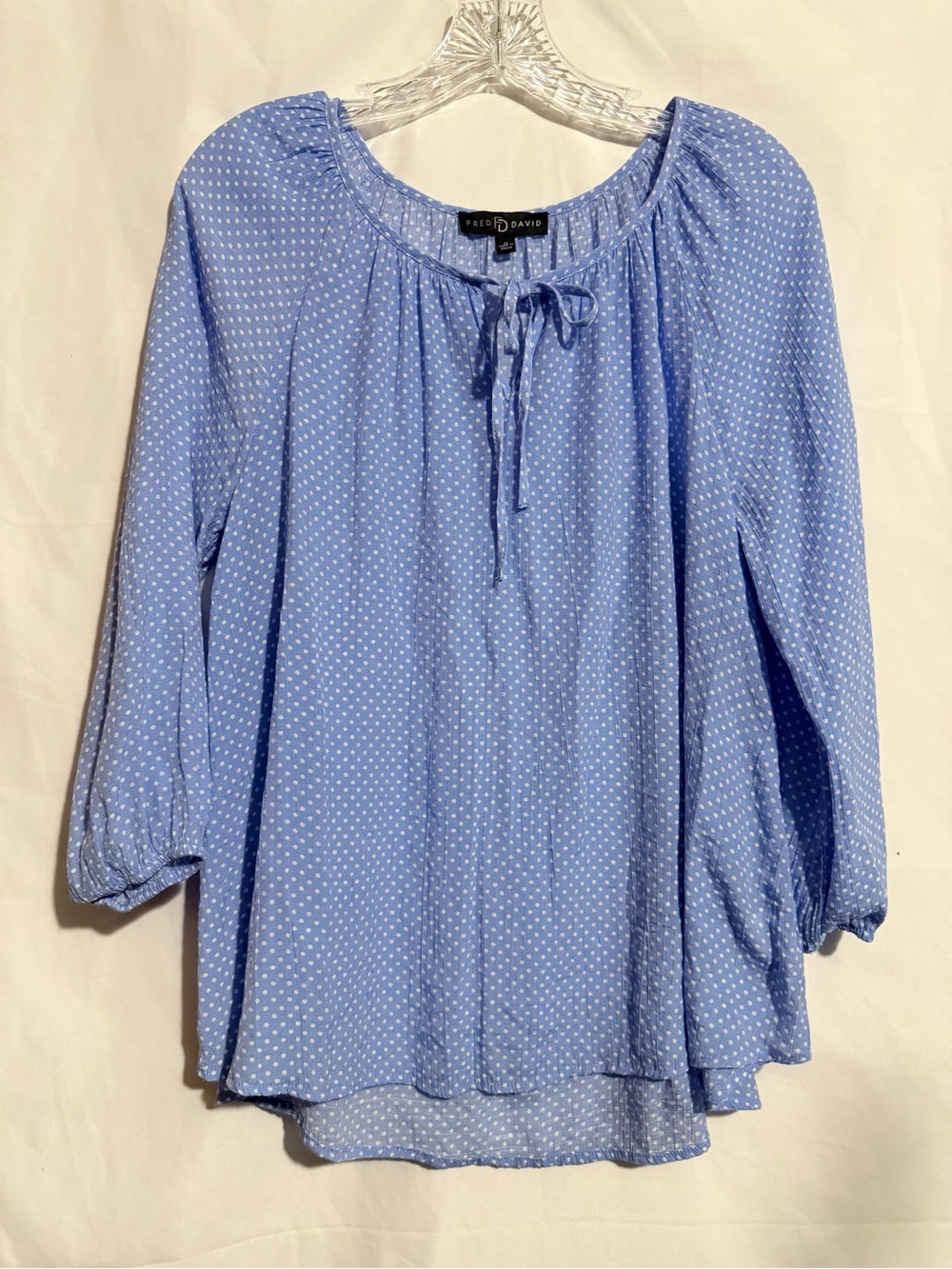 Fred David Women’s M Blue/White Polka Dot Chiffon Tie-Neck Bow 3/4 Blouse
